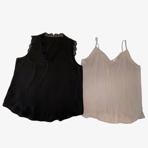 Two camisoles with lace trim, size L. One steel gray, one black.